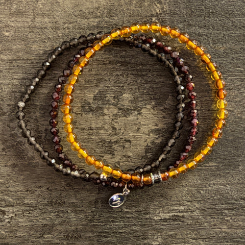 Amber, Smoky Quartz & Garnet Stretch Bracelet Set