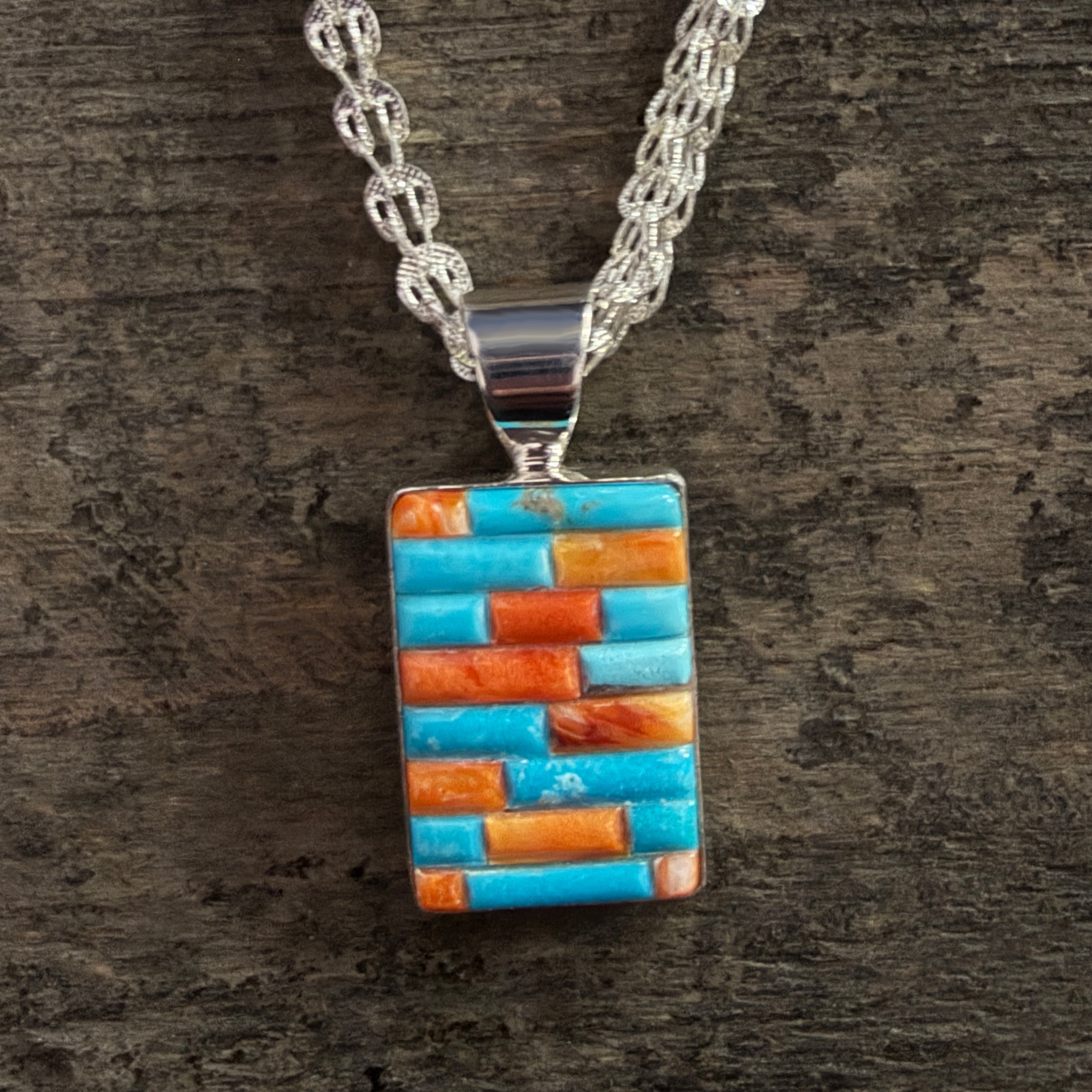 Peruvian Turquoise & Spiny Oyster Inlay Pendant and Chain