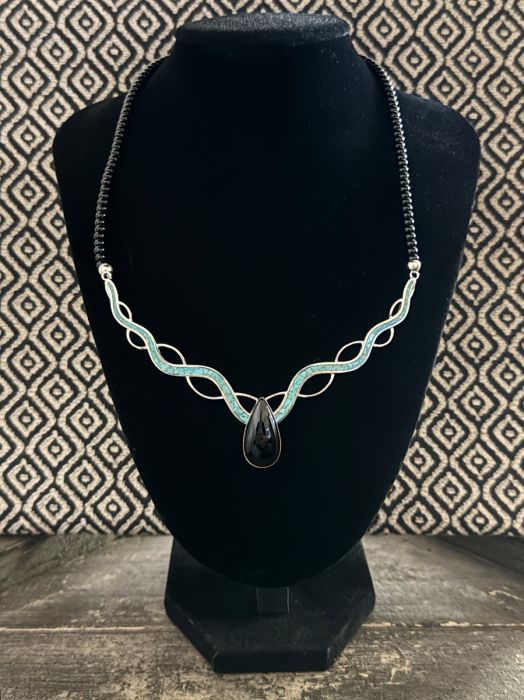 Midnight Chalcedony & Campitos Turquoise "River" Necklace