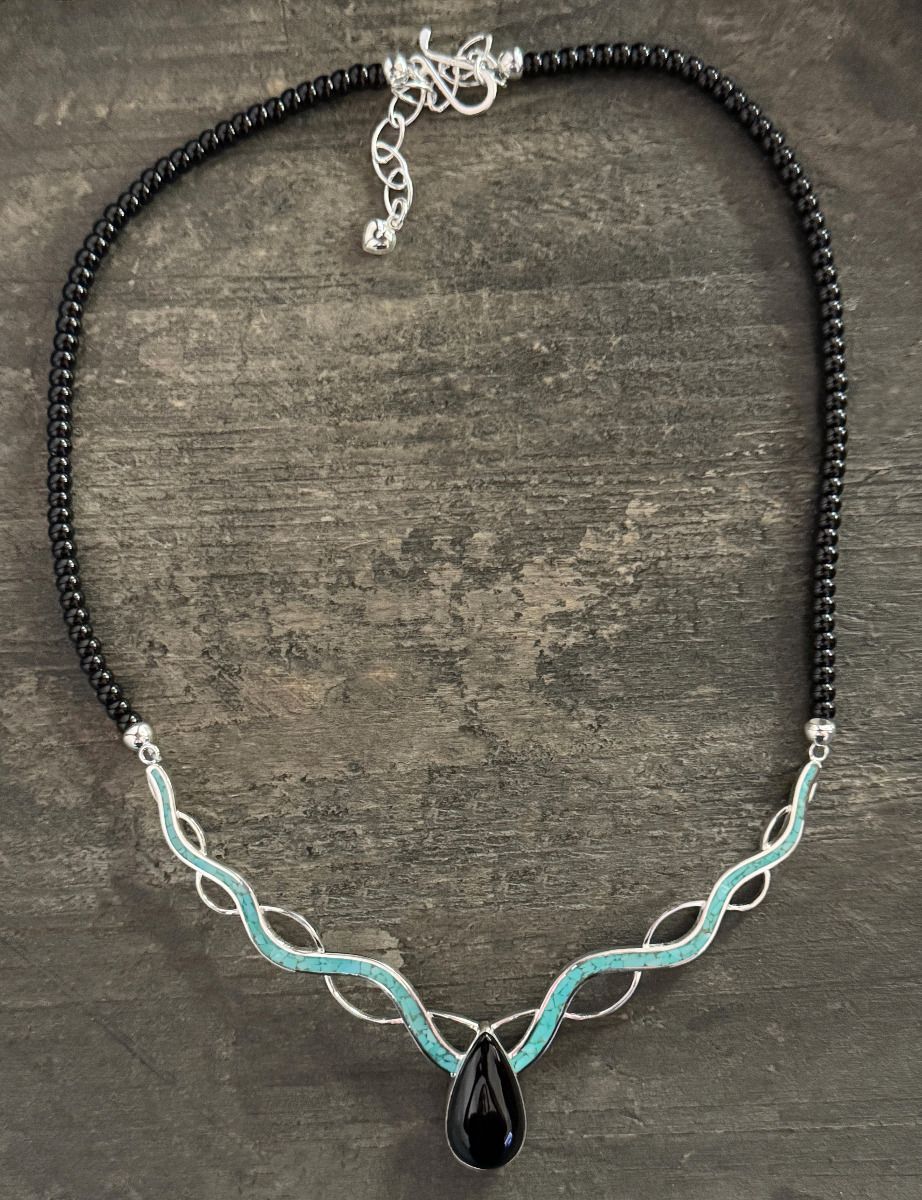 Midnight Chalcedony & Campitos Turquoise "River" Necklace