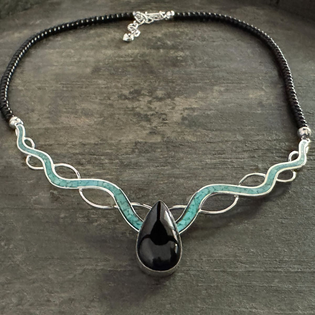 Midnight Chalcedony & Campitos Turquoise "River" Necklace